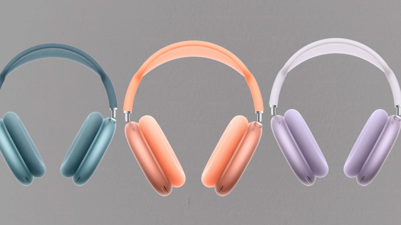 Front profile of the Apple AirPods Max USB-C headphones in different colors, showcasing the sleek aluminum ear cups and knit mesh canopy.