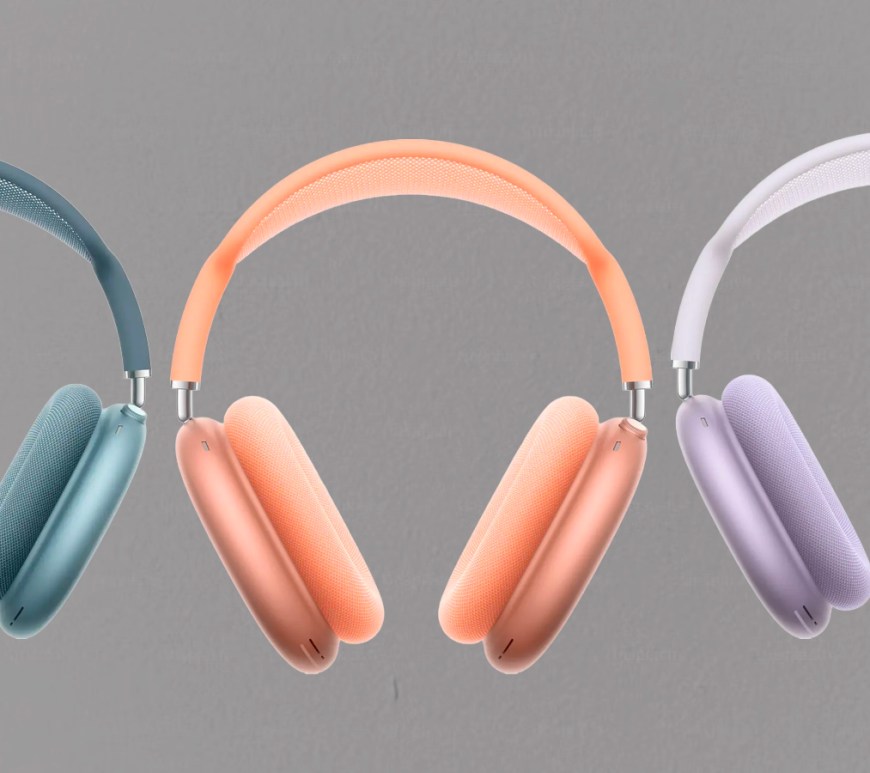Front profile of the Apple AirPods Max USB-C headphones in different colors, showcasing the sleek aluminum ear cups and knit mesh canopy.