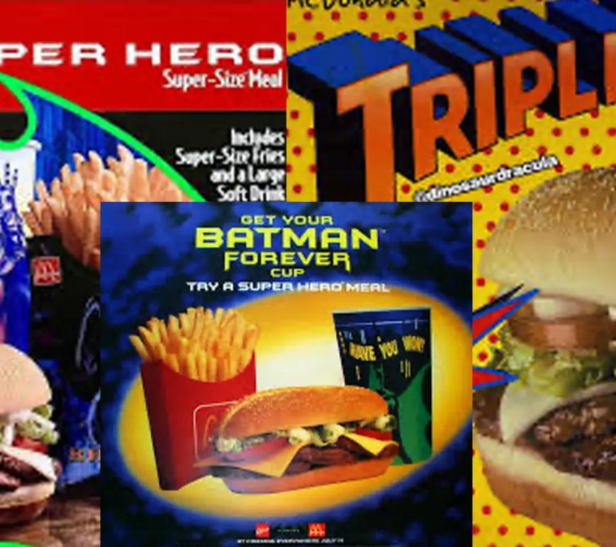 An archival close-up of a 1995 McDonald's promotional store banner for the Super Hero Burger, showcasing the triple-patty layout on an elongated hoagie bun against a neon Batman Forever backdrop.