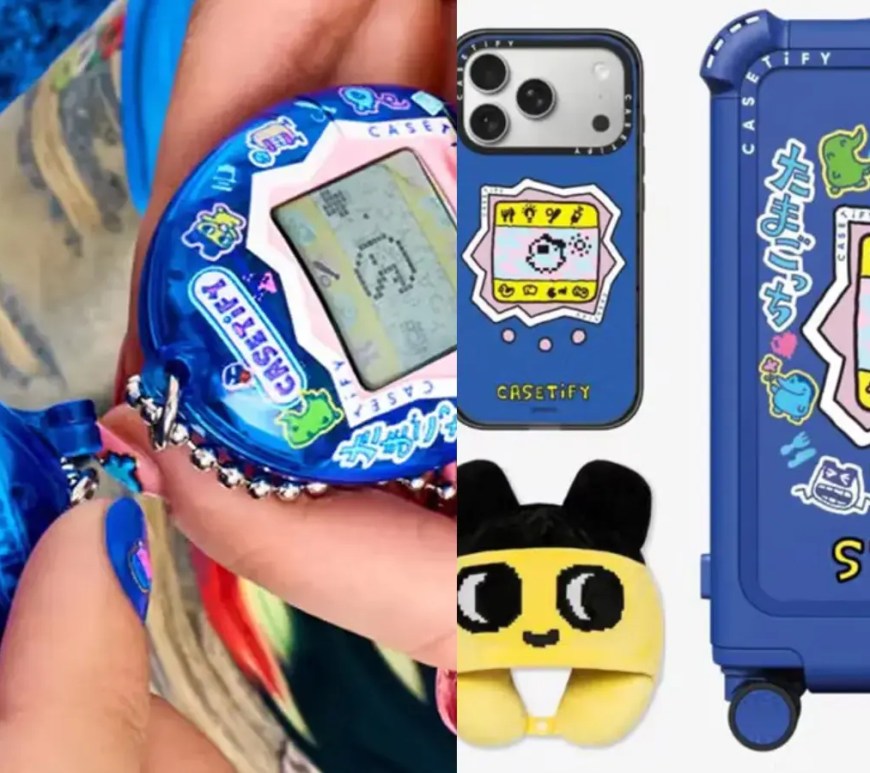 A studio layout of the CASETiFY x Tamagotchi collection, showcasing retro sticker-bomb iPhone cases, plush earbud pouches, and the exclusive royal blue virtual pet device.