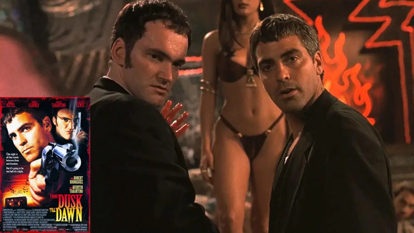 A dramatic, high-contrast promotional film still from the 1996 movie From Dusk Till Dawn, illustrating its gritty crime-noir and horror aesthetic.