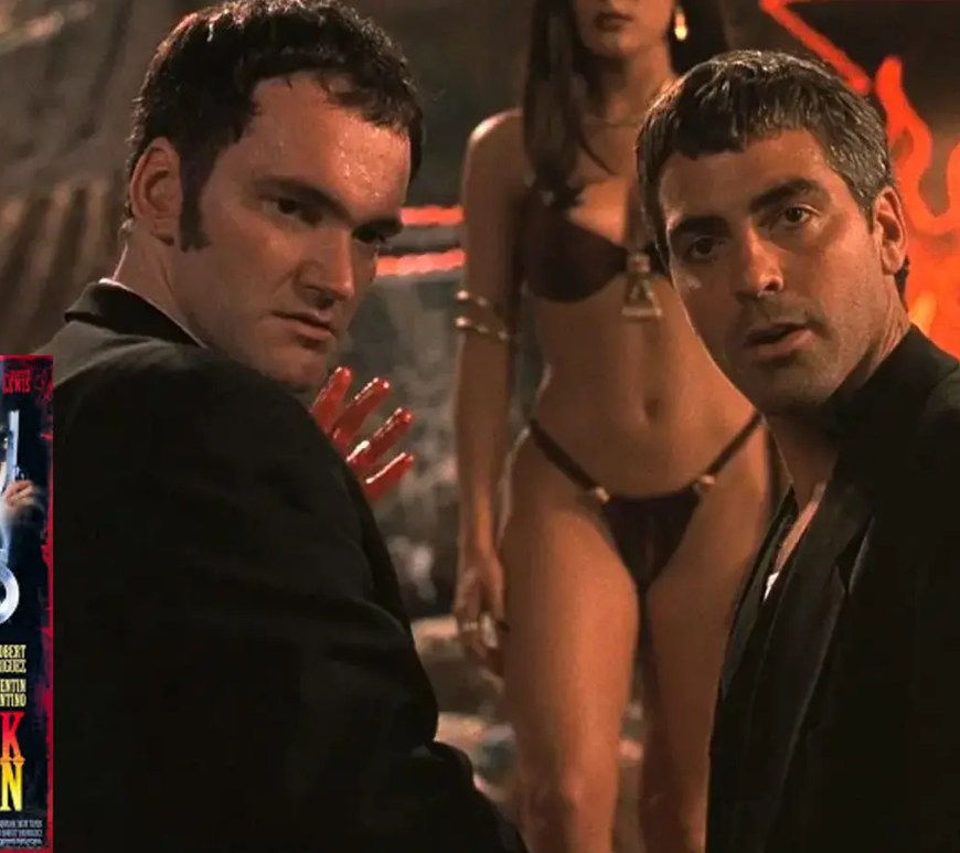 A dramatic, high-contrast promotional film still from the 1996 movie From Dusk Till Dawn, illustrating its gritty crime-noir and horror aesthetic.