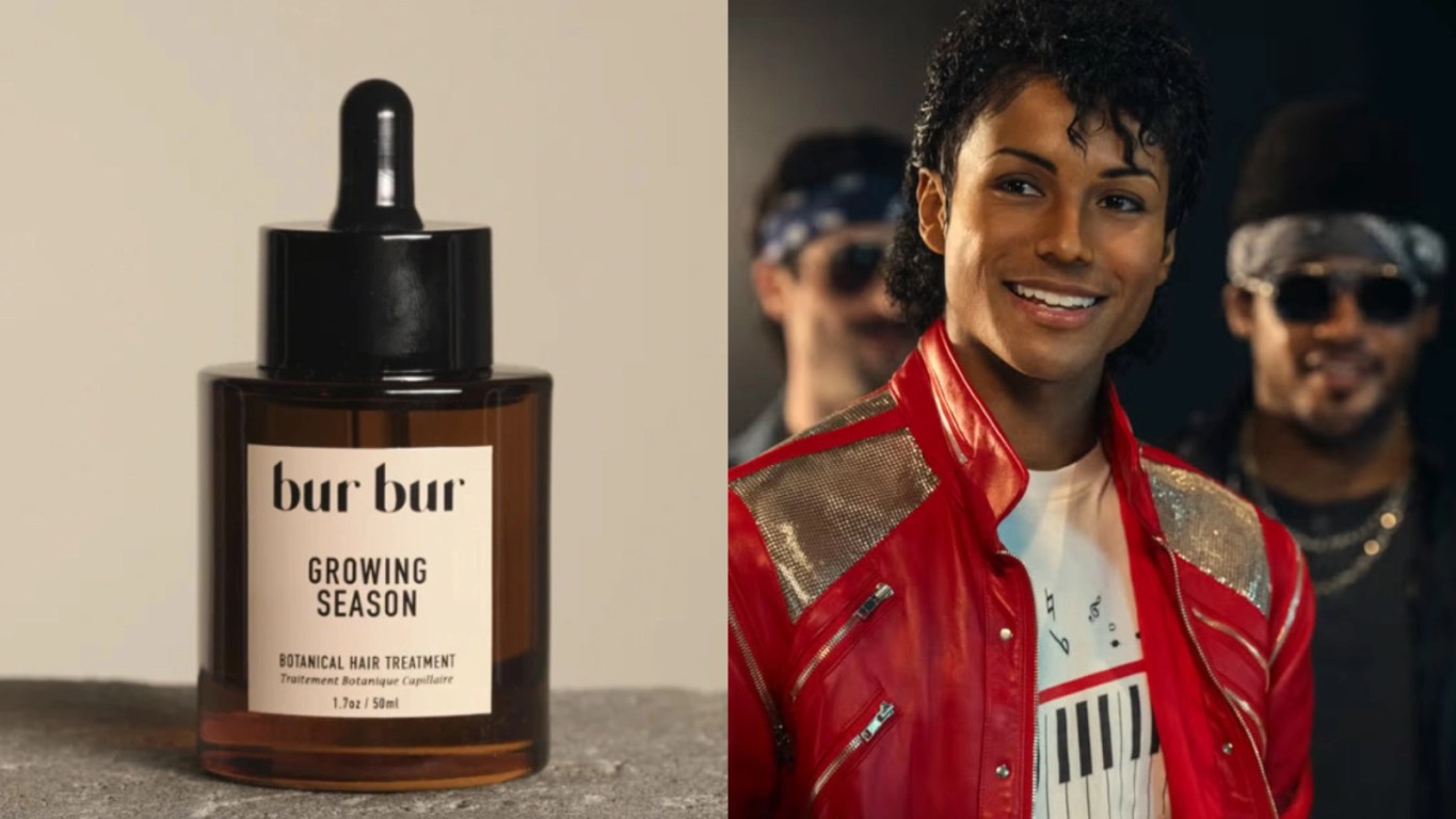 Still of Jaafar Jackson from "MICHAEL" (2026), alongside a product shot of the Bur Bur Root Oil.