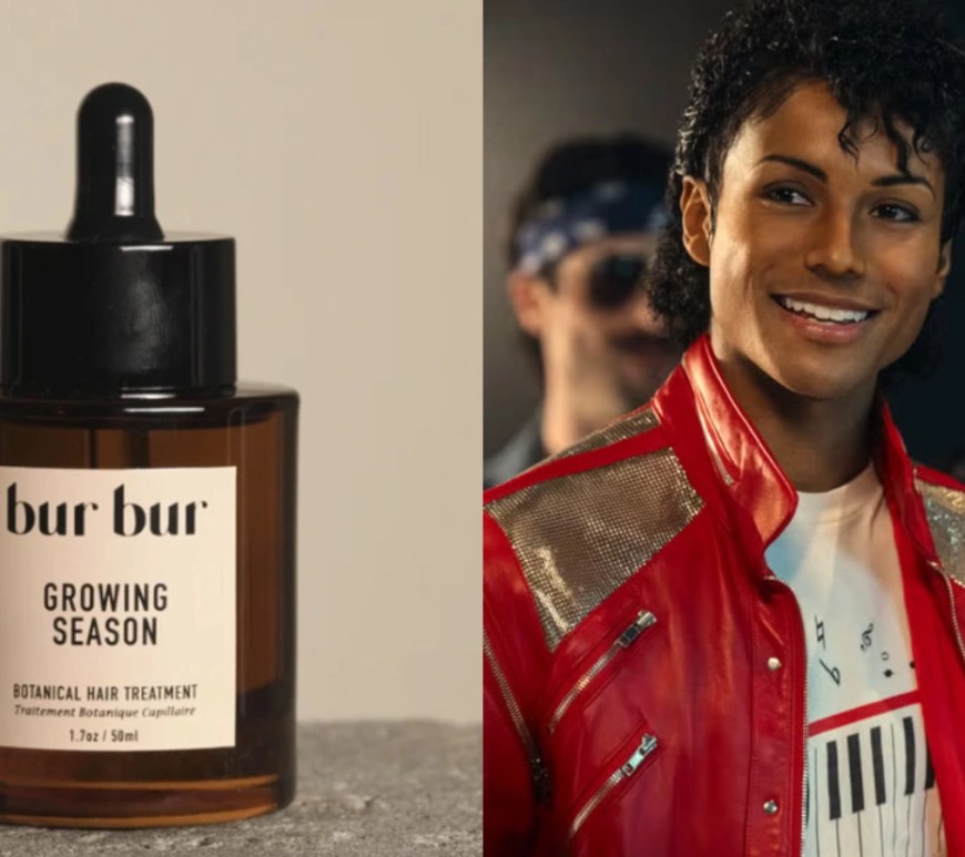 Still of Jaafar Jackson from "MICHAEL" (2026), alongside a product shot of the Bur Bur Root Oil.