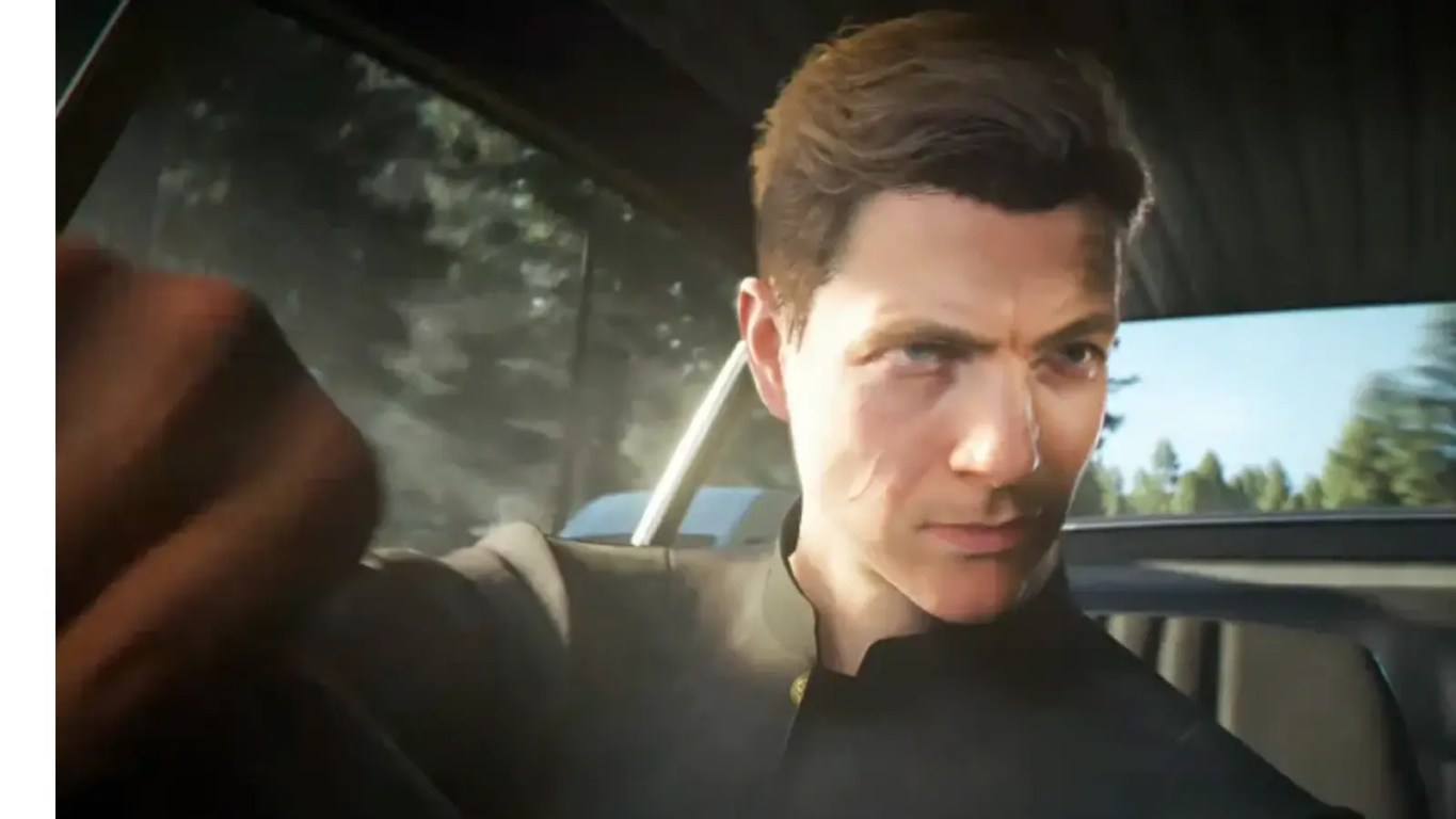 A gameplay screenshot from 007 First Light on PS5, showing a young James Bond in a dark navy knit jacket