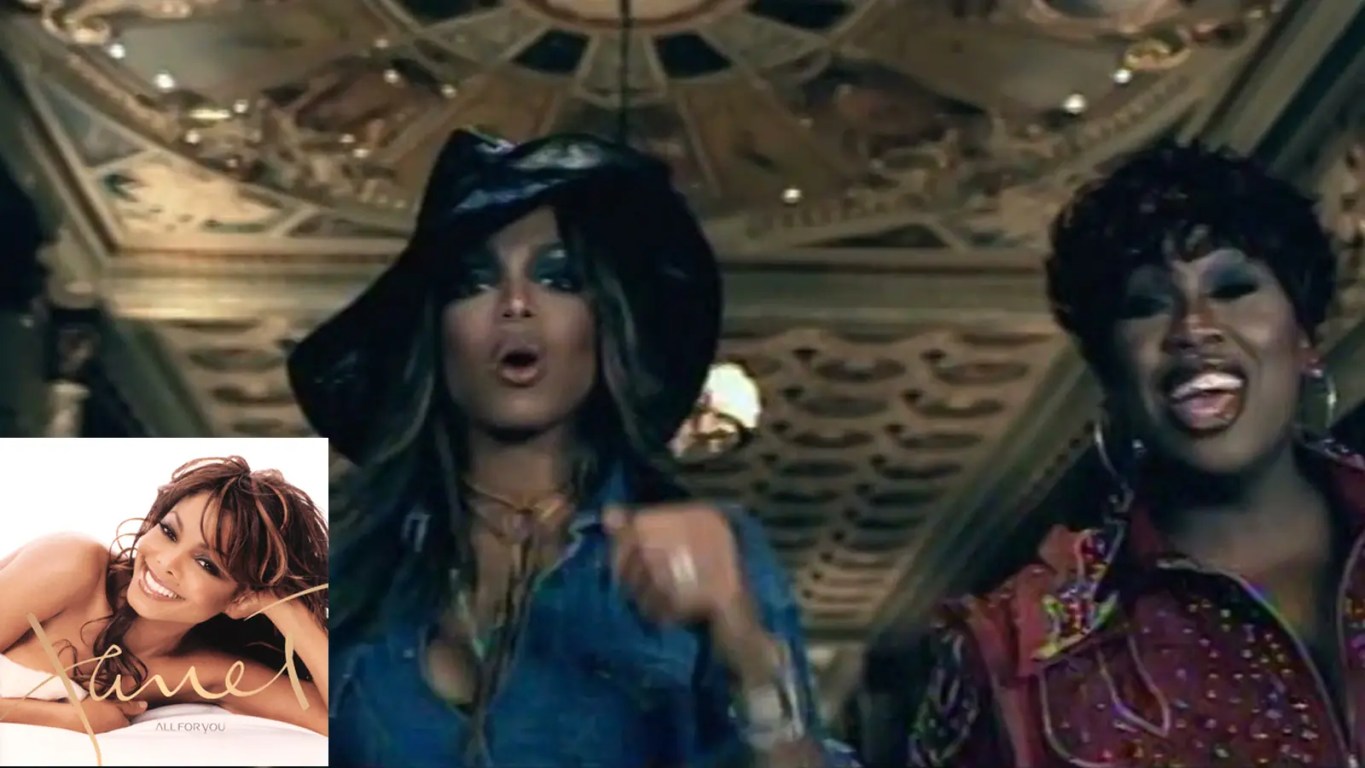 A high-contrast cinematic music video still of Janet Jackson and Missy Elliott from the 2001 promotional video for Son of a Gun.