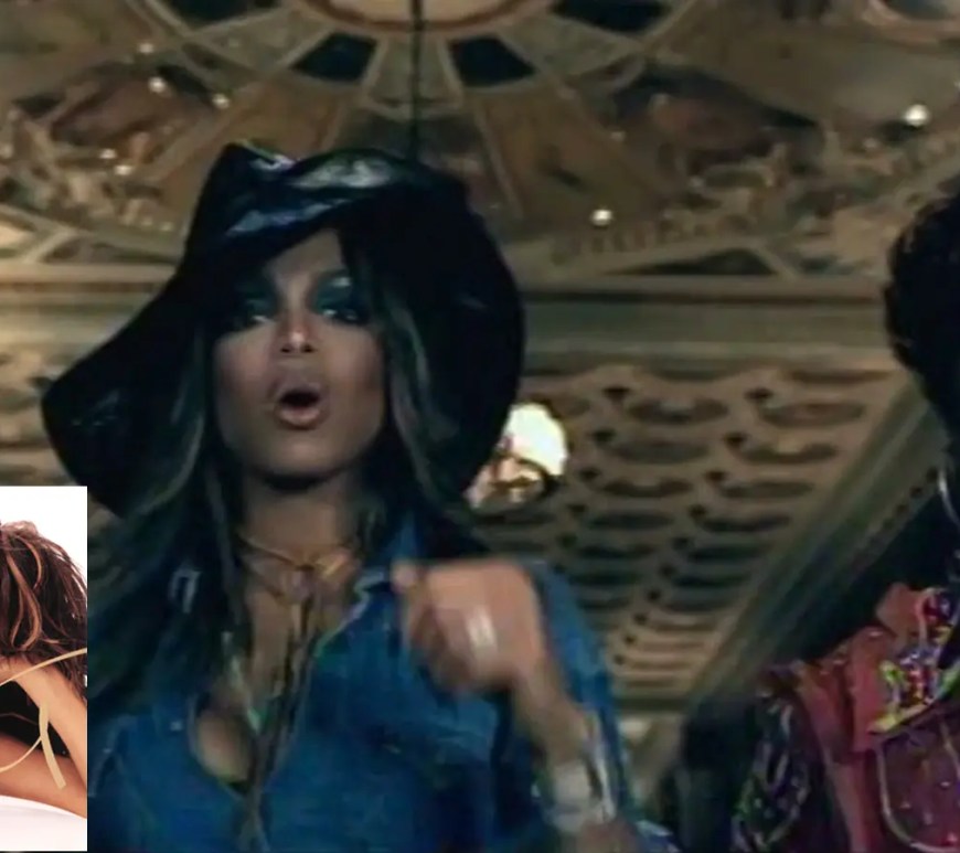 A high-contrast cinematic music video still of Janet Jackson and Missy Elliott from the 2001 promotional video for Son of a Gun.