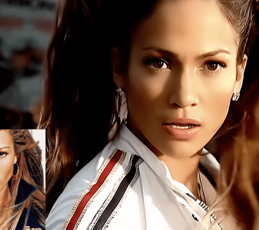 A still of Jennifer Lopez from the original 2001 "I'm Real" music video directed by Dave Meyers.