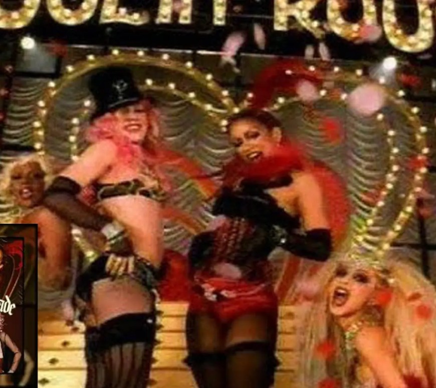 A wide interior shot of the vibrant, cabaret-style Moulin Rouge stage set from the 2001 Lady Marmalade music video execution.