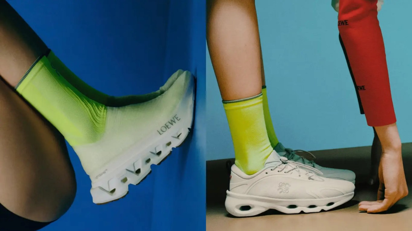 Side profile product shot of the LOEWE x On LightSpray Cloudmonster sneaker in all-white, showcasing its laceless, seamless sprayed-filament upper design and oversized Cloudmonster Hyper midsole unit.
