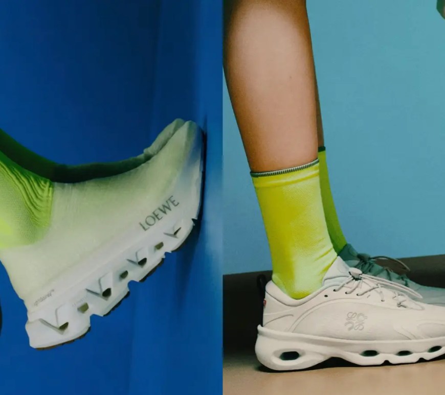 Side profile product shot of the LOEWE x On LightSpray Cloudmonster sneaker in all-white, showcasing its laceless, seamless sprayed-filament upper design and oversized Cloudmonster Hyper midsole unit.