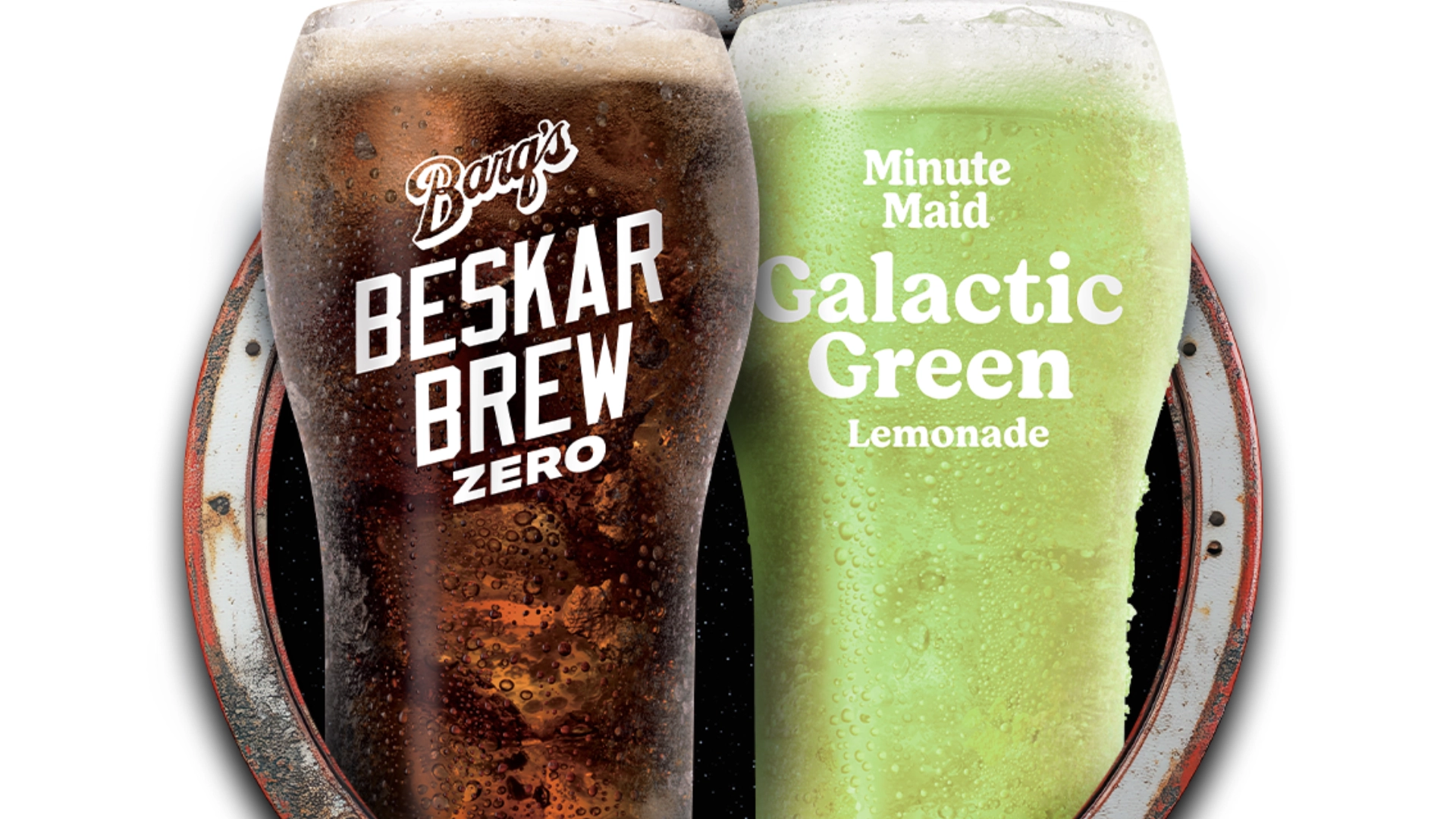 A close-up shot of the limited-time AMC exclusive Mandalorian Beskar Brew soda flavor, showing a custom blend of vanilla root beer mixing with bright purple grape syrup.