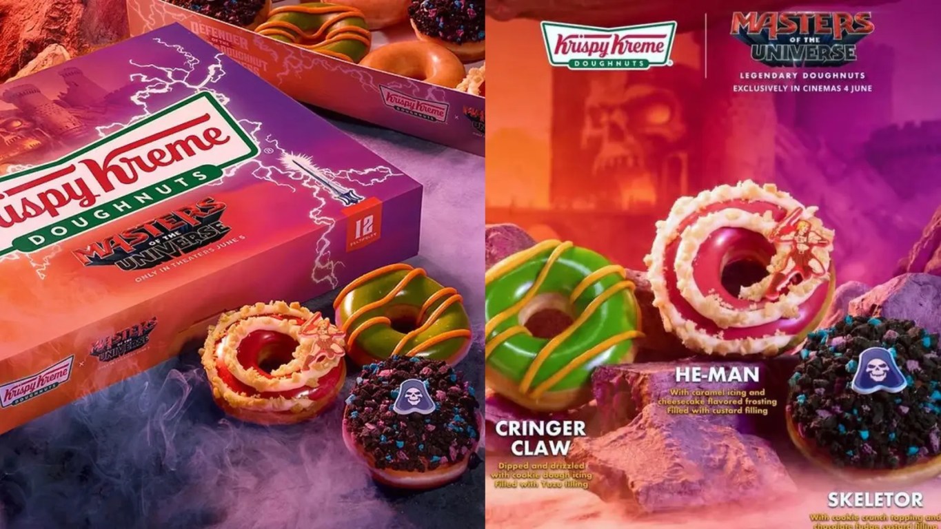 A high-resolution studio shot of the open Krispy Kreme Masters of the Universe Specialty Dozen box, showcasing the custom He-Man, Skeletor, and Cringer Claw donuts resting inside retro-illustrated packaging.