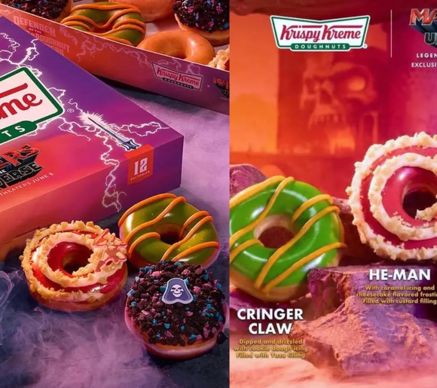 A high-resolution studio shot of the open Krispy Kreme Masters of the Universe Specialty Dozen box, showcasing the custom He-Man, Skeletor, and Cringer Claw donuts resting inside retro-illustrated packaging.