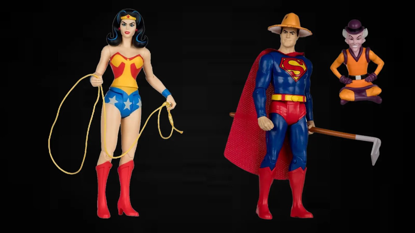 A studio product shot of the McFarlane Toys Super Friends Evil Wonder Woman action figure, showcasing her darker muted costume tones and retro blister card packaging.