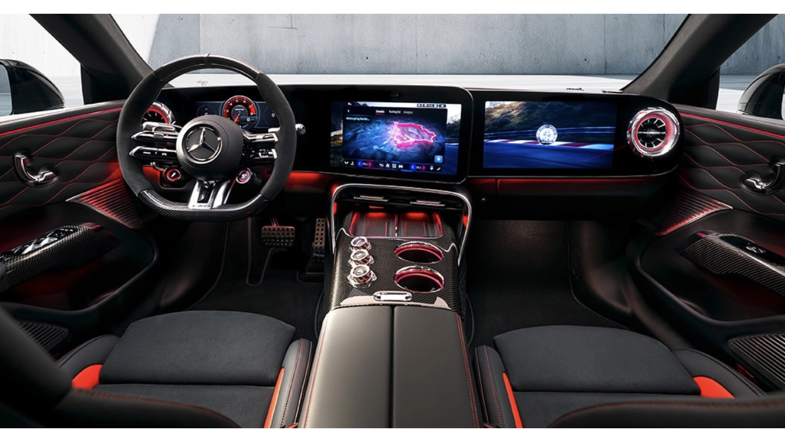 The ultra-futuristic digital cockpit of the 2027 Mercedes-AMG GT 4-Door EV, showcasing the three-screen dashboard array with a 14-inch driver-oriented central touchscreen, contoured leather AMG performance seats, and three physical dynamic control dials resting on a floating center console.