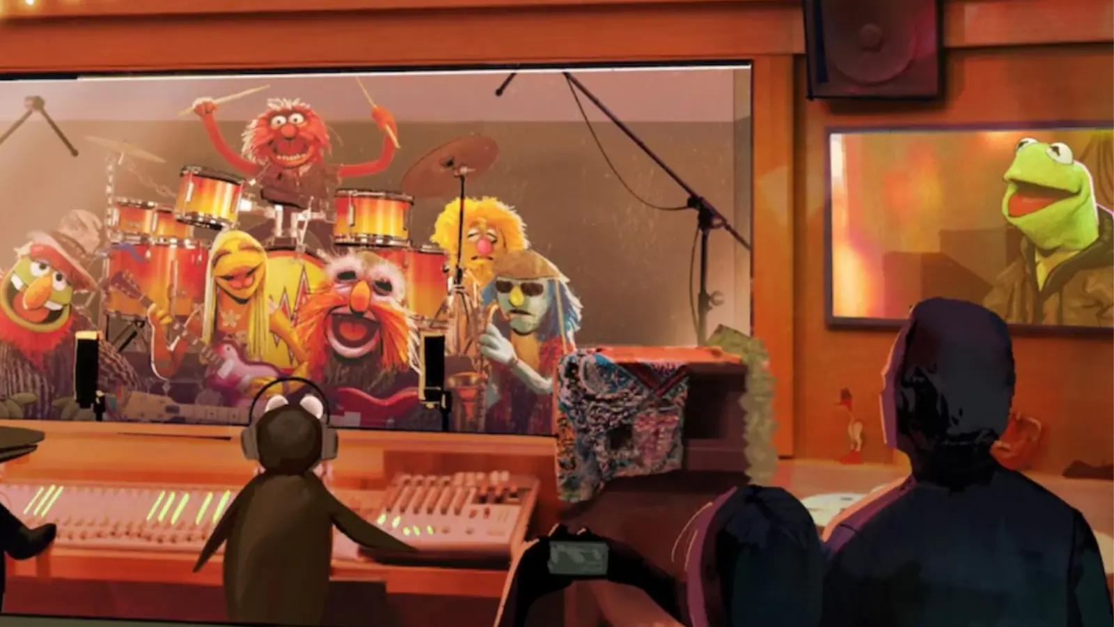 A wide shot of the newly designed Rock 'n' Roller Coaster courtyard at Disney's Hollywood Studios, showing the giant guitar marquee repainted with psychedelic Electric Mayhem colors and updated Muppets branding.