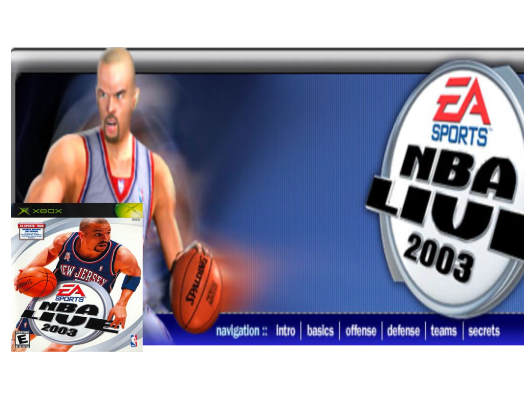 A still from NBA Live 2003 featuring Jason Kidd of the New Jersey Nets and game controls.