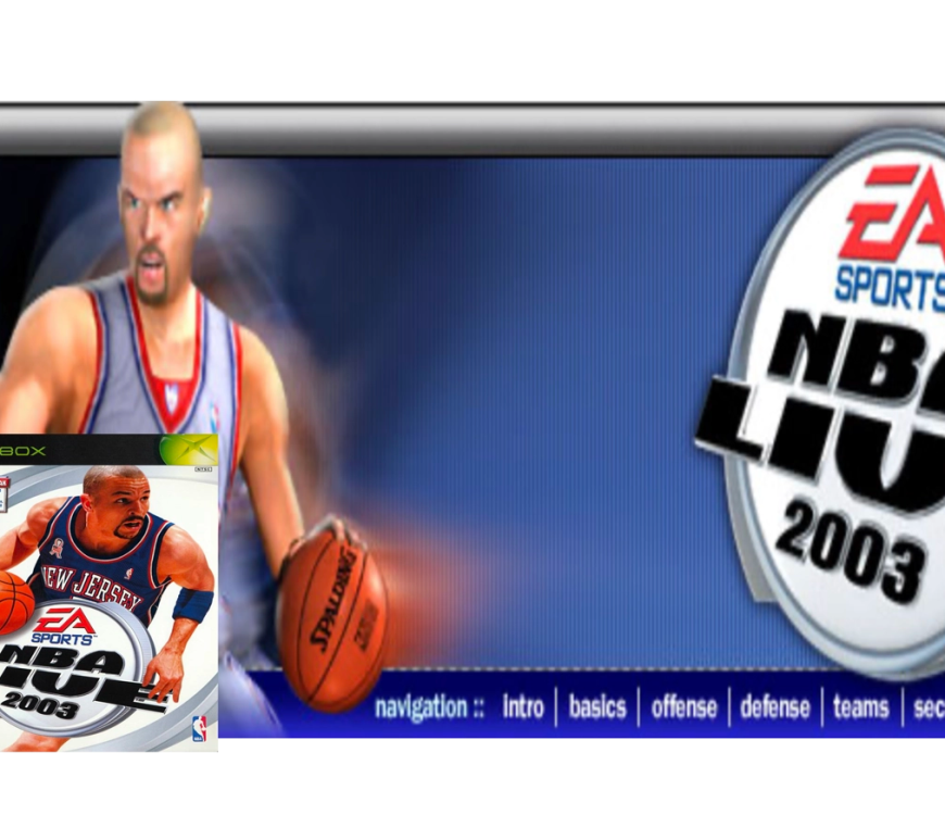 A still from NBA Live 2003 featuring Jason Kidd of the New Jersey Nets and game controls.