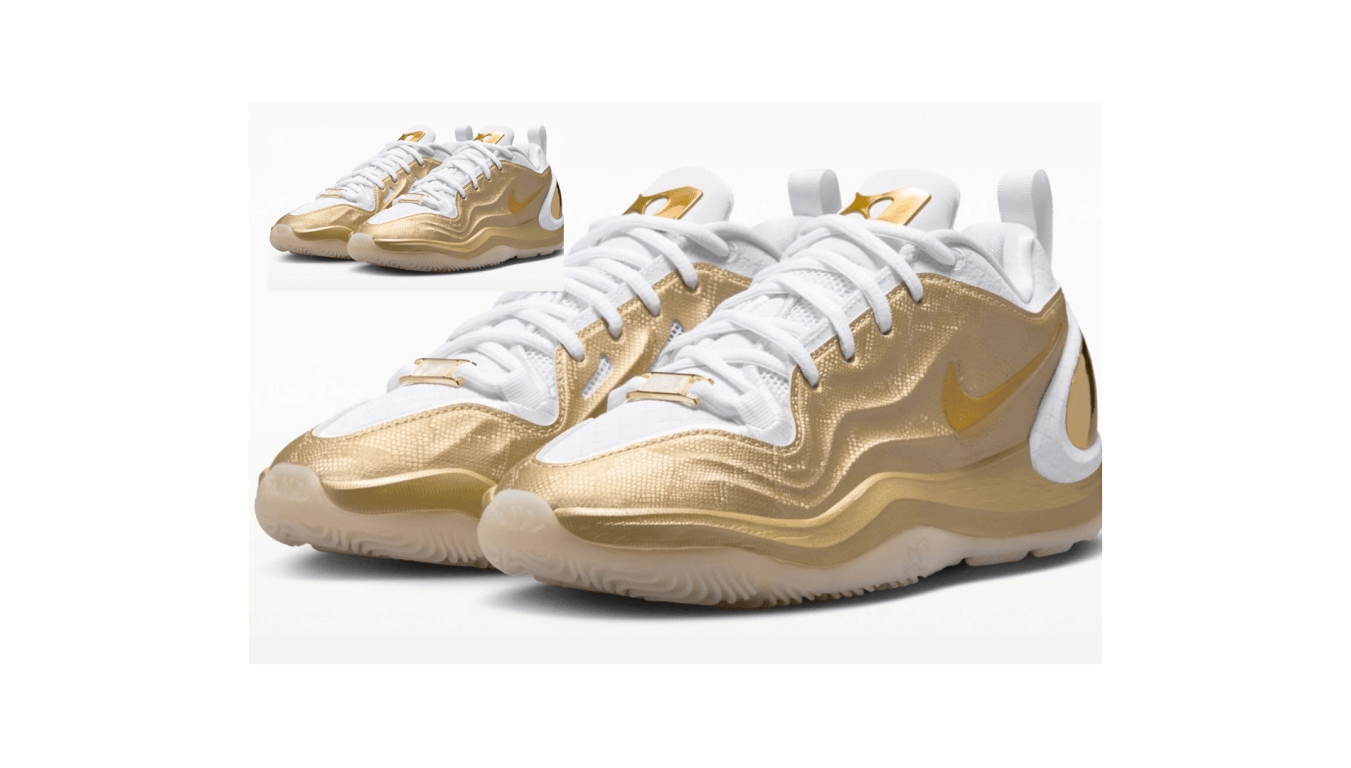 A look at the Nike A'Two Signature Shoe with gold detailing and white laces.