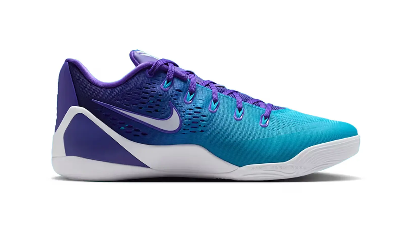 A clean, high-contrast studio profile shot of the Nike Kobe 9 Elite Low EM Protro Hornets sneaker, showcasing the purple and teal mesh design details.