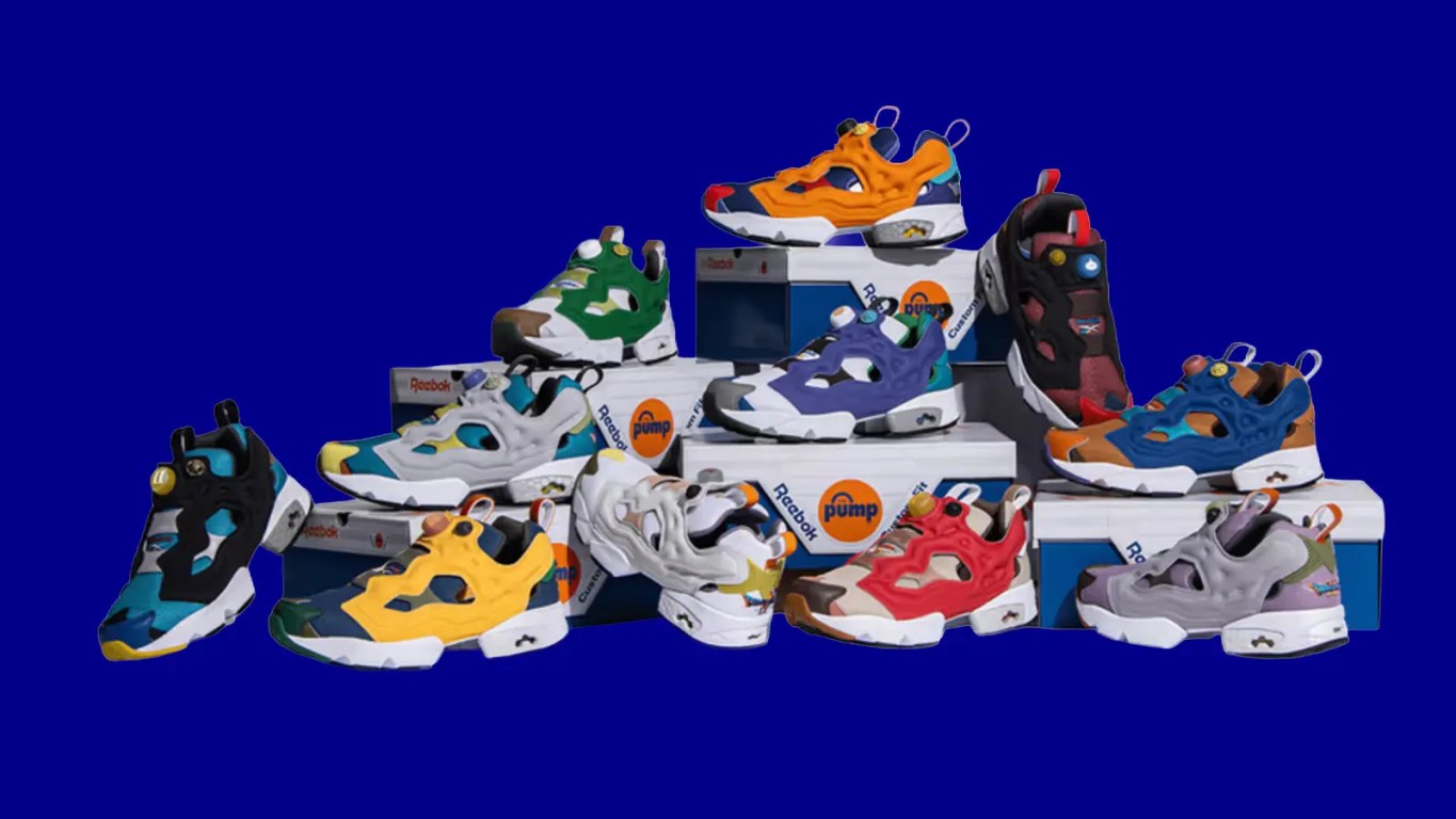 A studio lineup of the 11 different Reebok x Dragon Quest Instapump Fury 94 sneakers, showcasing the various bright game-inspired colorways and Slime