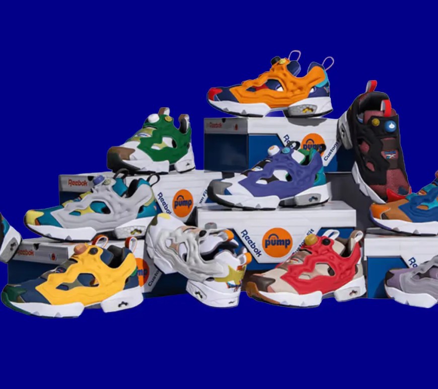 A studio lineup of the 11 different Reebok x Dragon Quest Instapump Fury 94 sneakers, showcasing the various bright game-inspired colorways and Slime