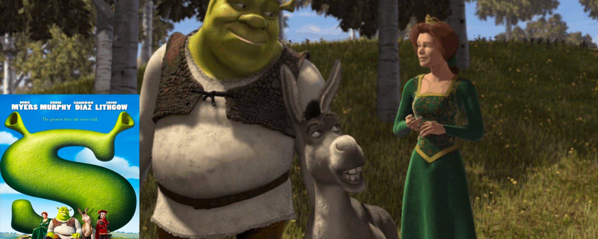 A still from "Shrek" (2001) showcasing the characters of Mike Myers, Cameron Diaz, and Eddie Murphy.