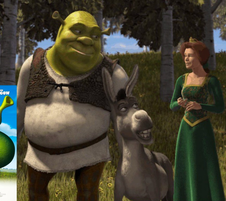 A still from "Shrek" (2001) showcasing the characters of Mike Myers, Cameron Diaz, and Eddie Murphy.
