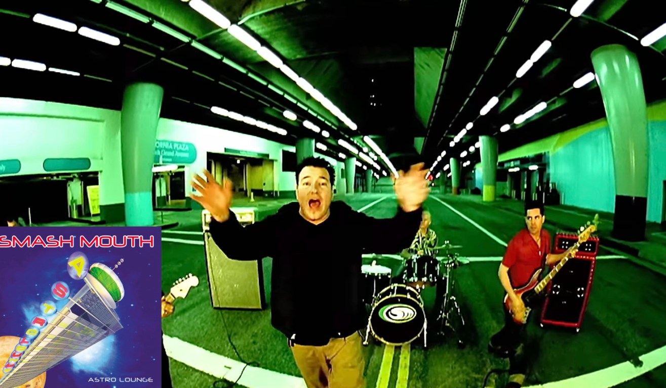 An archival promo shot of the 1999 Smash Mouth Astro Lounge album cover art, featuring the retro-futuristic space lounge graphic design, alongside a still from the music video