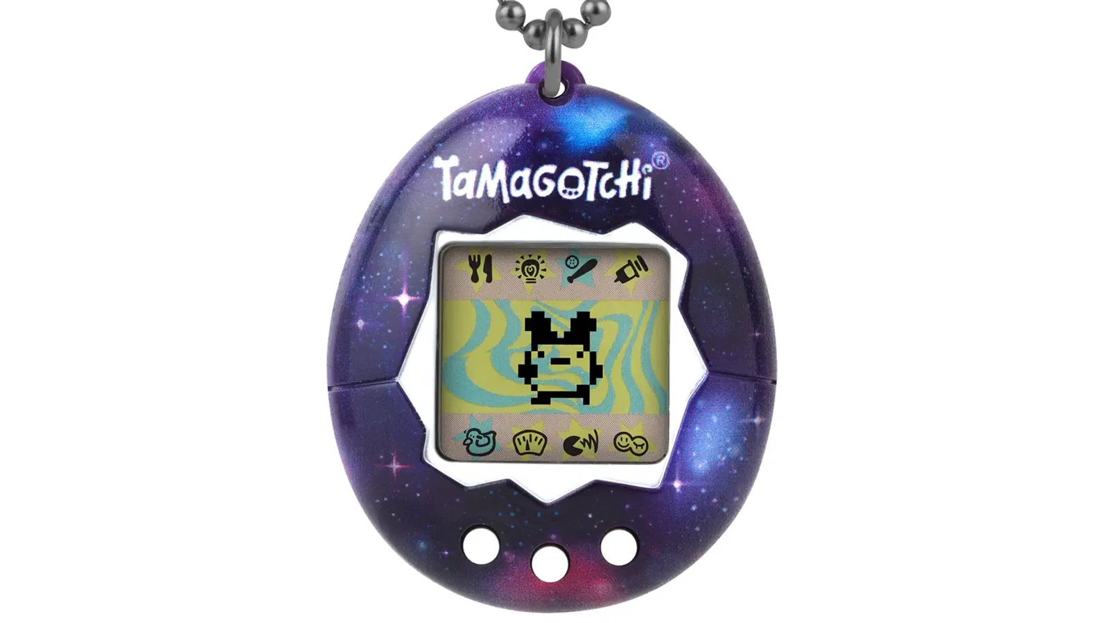 An archival close-up studio shot of a vintage 1997 Gen 1 Bandai Tamagotchi in its iconic translucent blue plastic egg casing, showcasing the 3-button layout and pixelated character on the LCD display.
