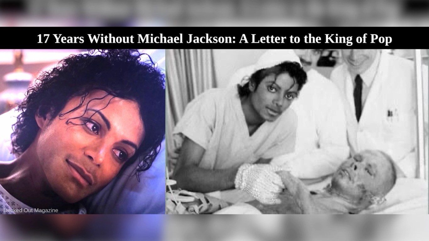 17 Years Without Michael Jackson: Jafar Jackson acting in MICHAEL movie on left. On right is actual photo of Michael Jackson in hospital after Pepsi burn accident.
