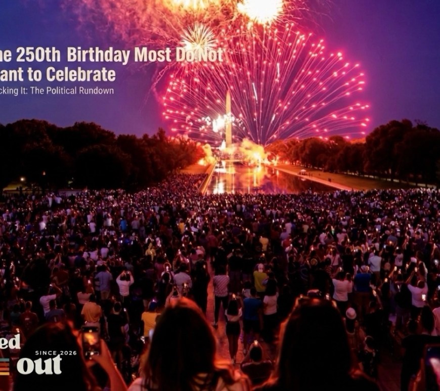 The 250th Birthday Most Do Not Want to Celebrate: Crowds gathered on the National Mall watching bright fireworks explode above the Washington Monument at night, with reflections glowing in the Reflecting Pool as people record the display on their phones.