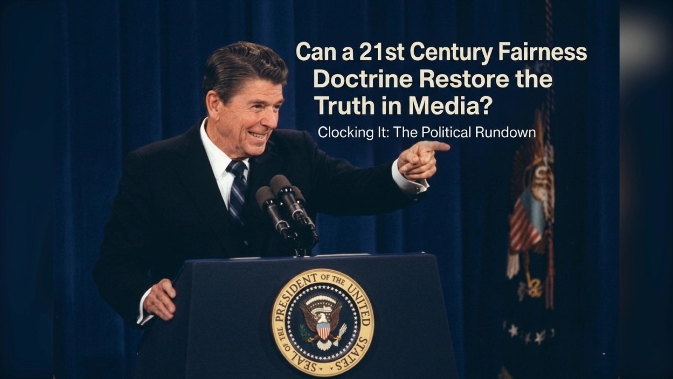 Can a 21st Century Fairness Doctrine Restore the Truth in Media? “Ronald Reagan standing at a presidential podium with the U.S. flag and blue curtains behind him.