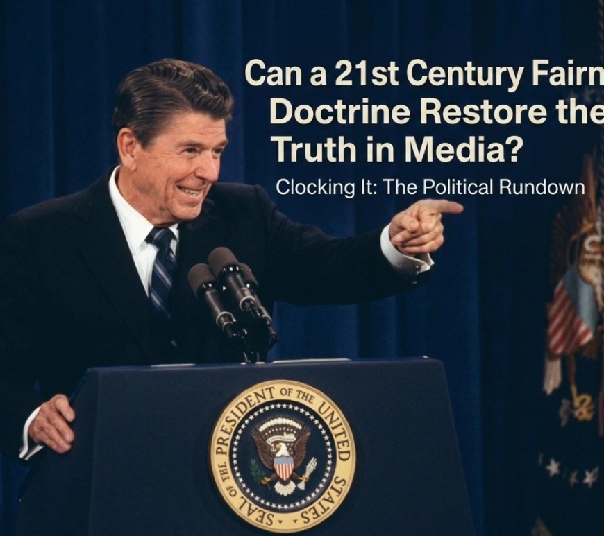 Can a 21st Century Fairness Doctrine Restore the Truth in Media? “Ronald Reagan standing at a presidential podium with the U.S. flag and blue curtains behind him.