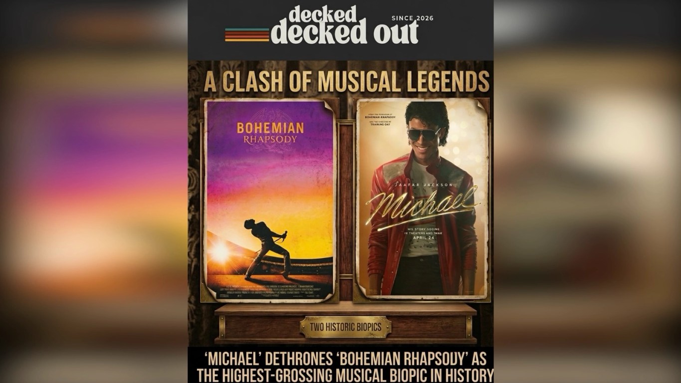 ‘MICHAEL’ DETHRONES ‘BOHEMIAN RHAPSODY’ AS THE HIGHEST-GROSSING MUSICAL BIOPIC IN HISTORY: Promotional graphic comparing the films Bohemian Rhapsody and Michael, featuring their posters side by side under the headline ‘A Clash of Musical Legends,’ with Decked Out Magazine branding and a caption noting that Michael has become the highest‑grossing musical biopic in history.