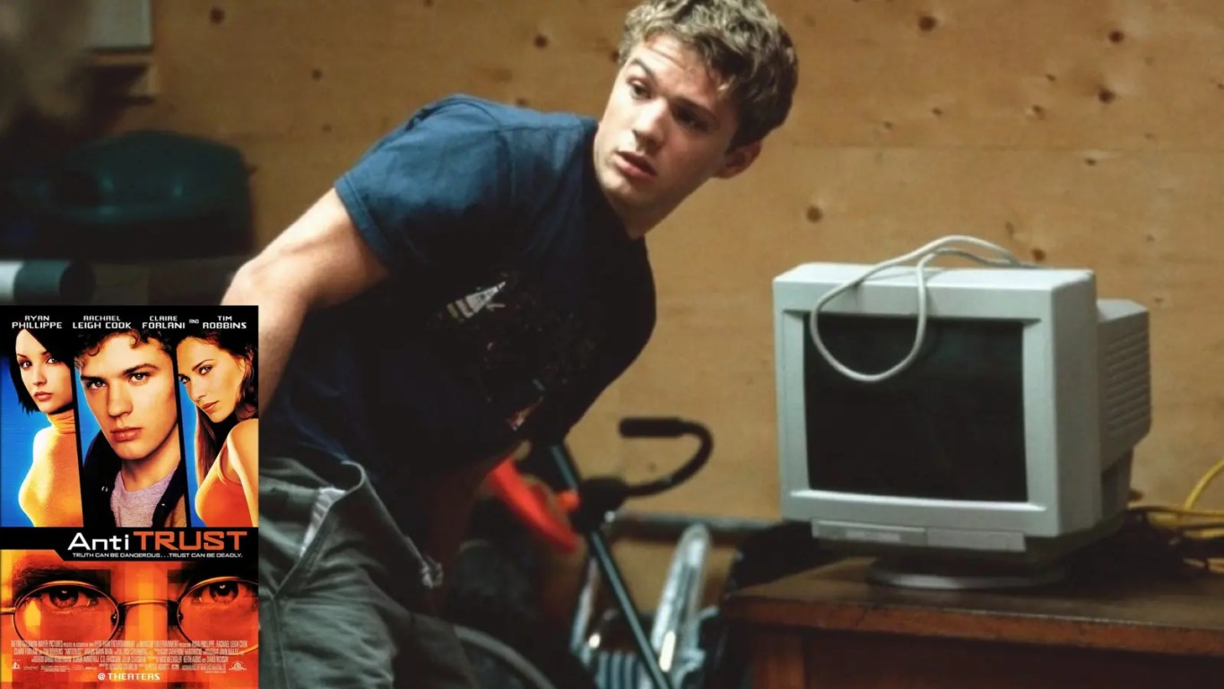 A minimalist corporate cyber-thriller still from the 2001 film Antitrust, featuring Ryan Phillippe