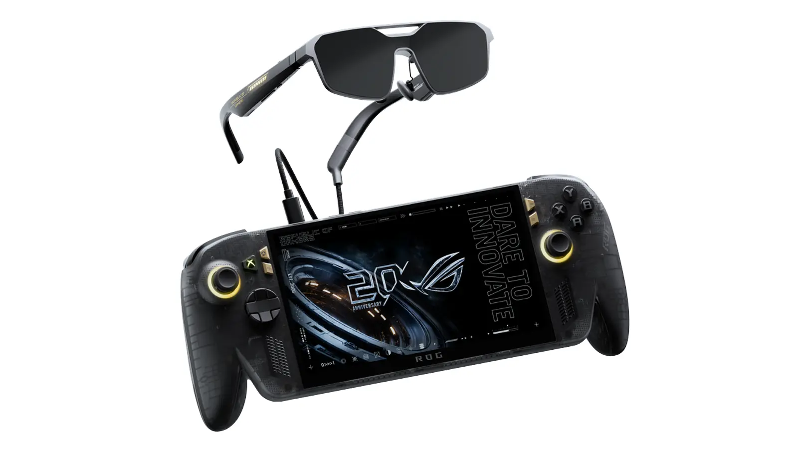The translucent black and gold ASUS ROG Xbox Ally X20 handheld console sitting next to matching gold-accented AR gaming glasses.
