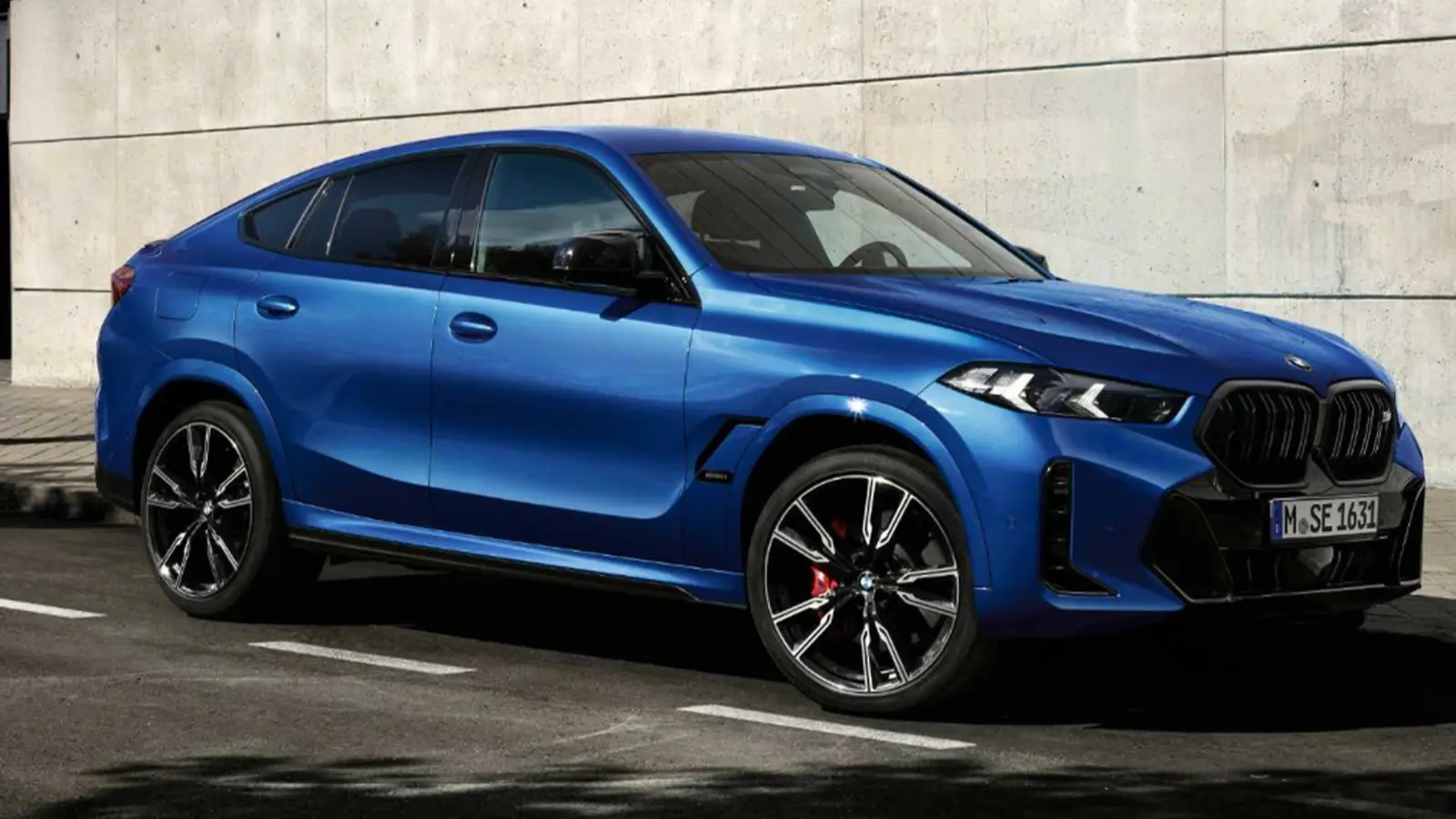 A sharp, high-contrast profile view of the 2026 BMW X6 M60i finished in blue, highlighting its sloped fastback roofline and gloss-black M wheels.