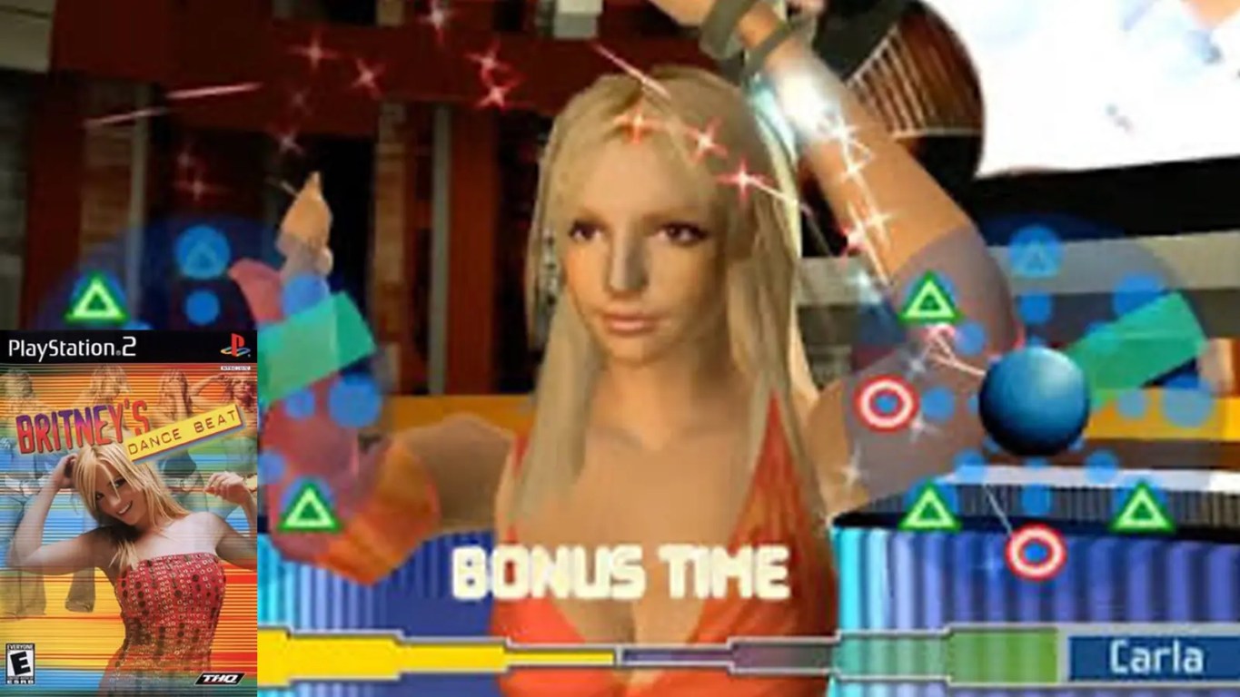 A nostalgic promotional screen grab from the 2002 video game Britney's Dance Beat, featuring a low-polygon 3D character model of Britney Spears performing choreography on a neon-lit concert stage.