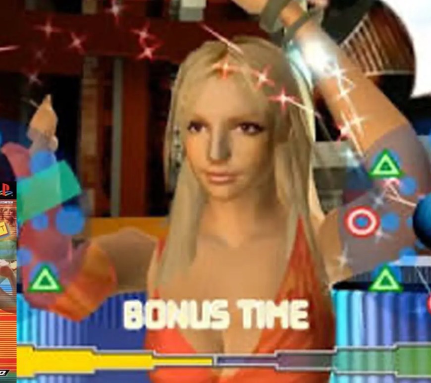 A nostalgic promotional screen grab from the 2002 video game Britney's Dance Beat, featuring a low-polygon 3D character model of Britney Spears performing choreography on a neon-lit concert stage.