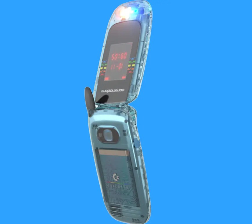 Studio product shot of the Commodore Callback 8020 flip phone in "BASIC Beige", half-opened on a minimalist concrete surface. The retro-styled rectangular outer LED screen glows red with numeric clock digits, reminiscent of a classic 1970s calculator against a blue background