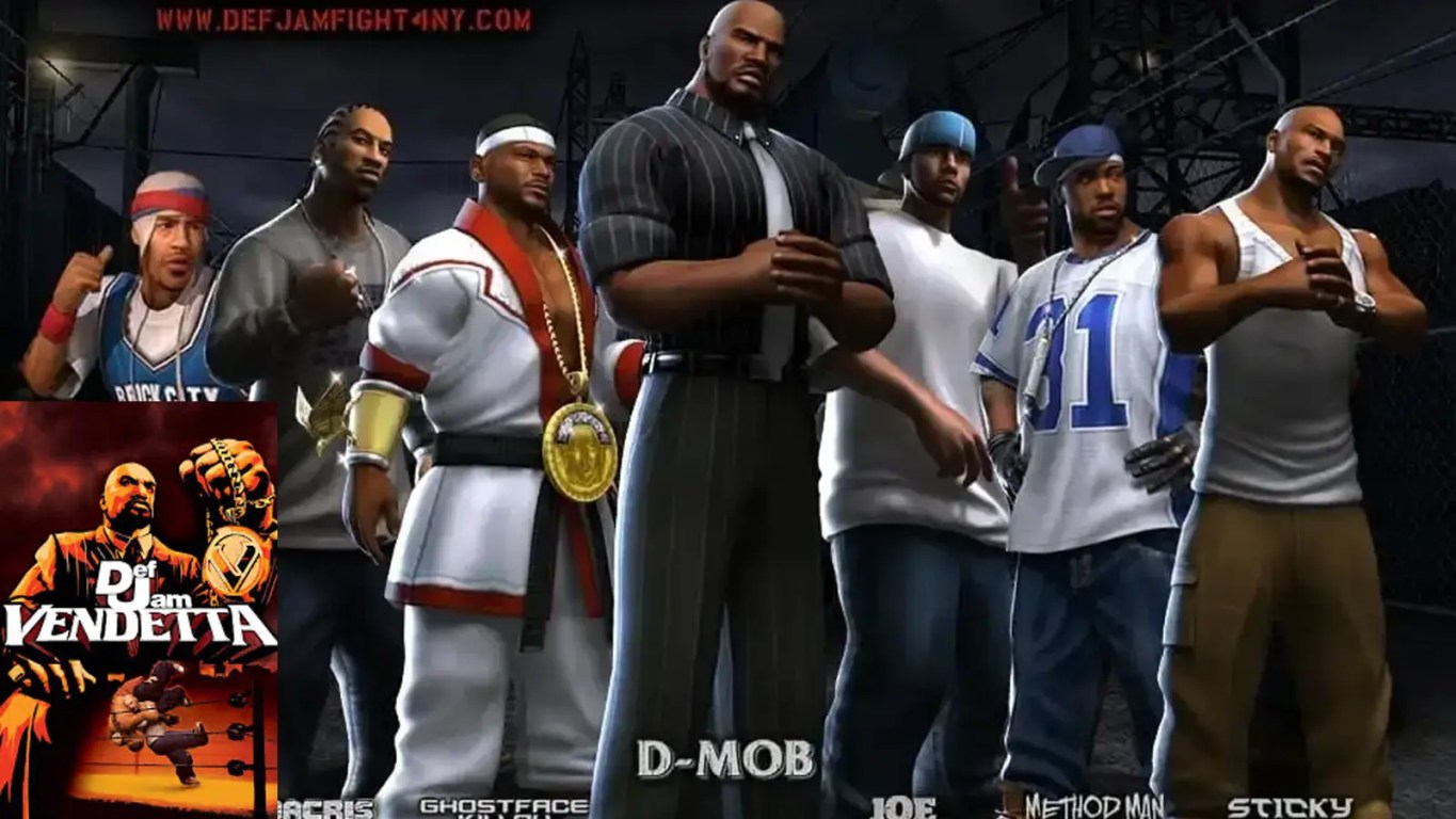 A clean studio product frame of the original 2003 PlayStation 2 physical box art for the urban wrestling video game Def Jam Vendetta.