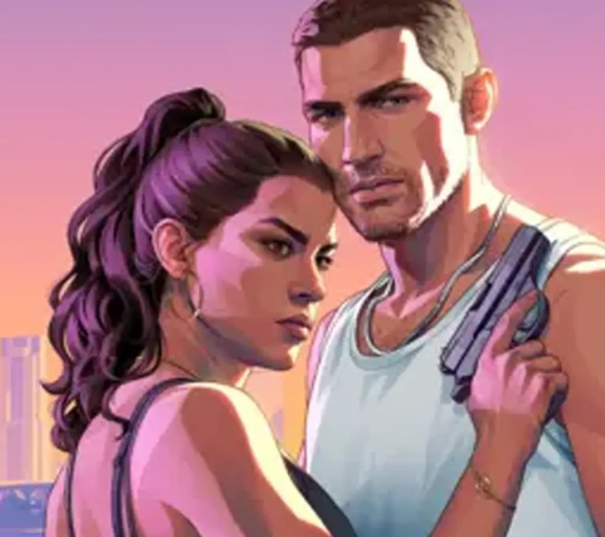 A sleek profile shot of a vibrant pink, amber, and purple tropical sunset gradient background design used for high-end video game retail marketing posters.