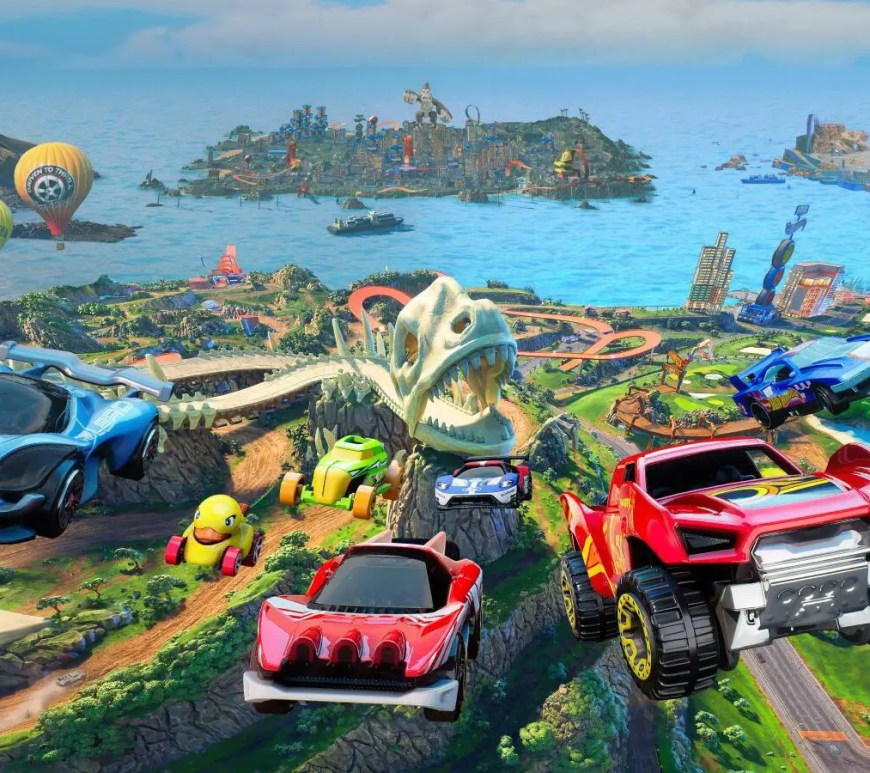 A high-energy in-game screenshot from Hot Wheels Infinite Rush showing a classic Twin Mill sports car drifting sharply around a loop-and-turn track built high above a neon-lit city center skyscraper grid.