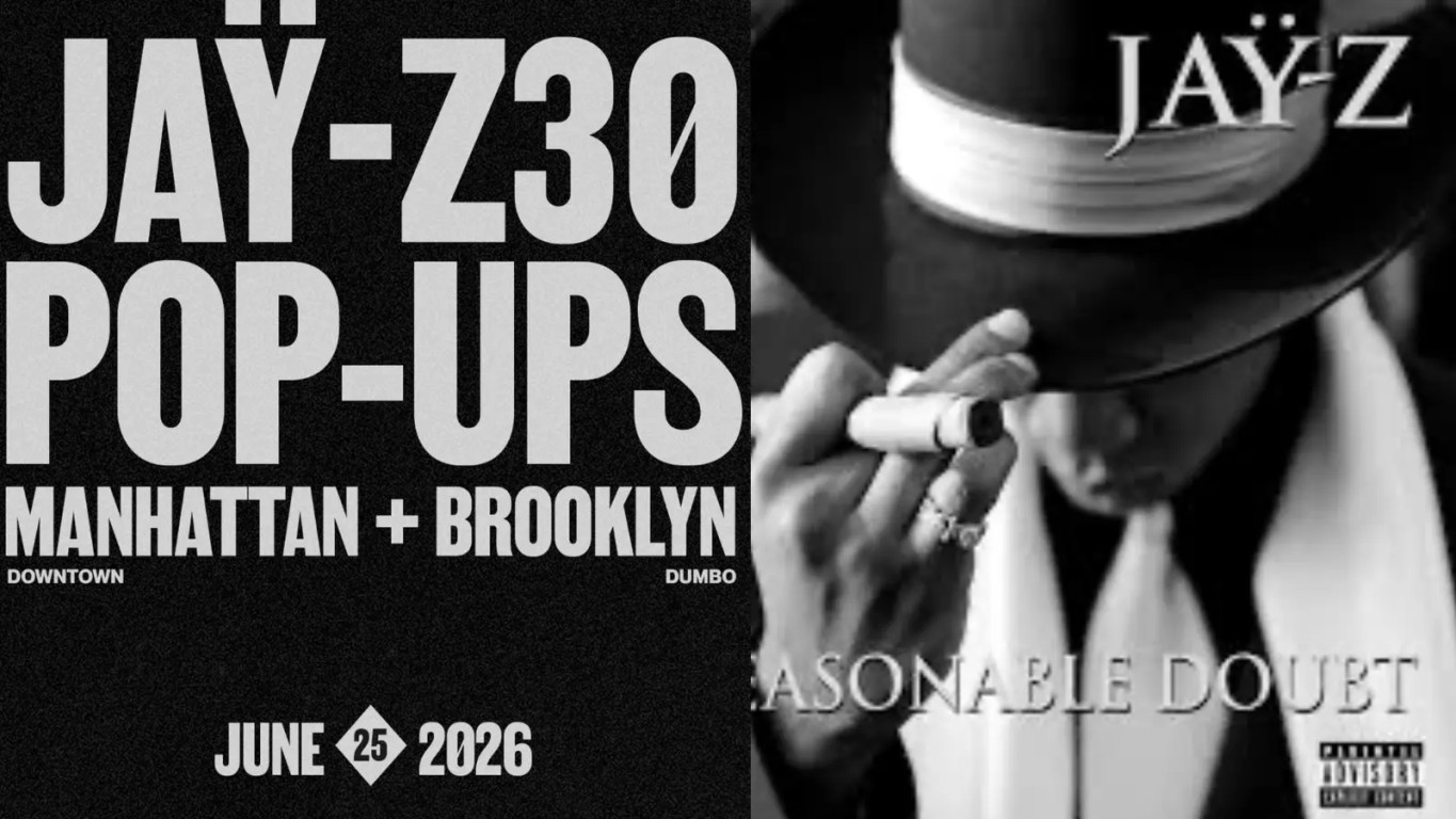 A wide shot showcasing the official minimal black-and-white promotional graphic artwork celebrating 30 years of JAY-Z’s classic debut album Reasonable Doubt alongside the official event launch details.