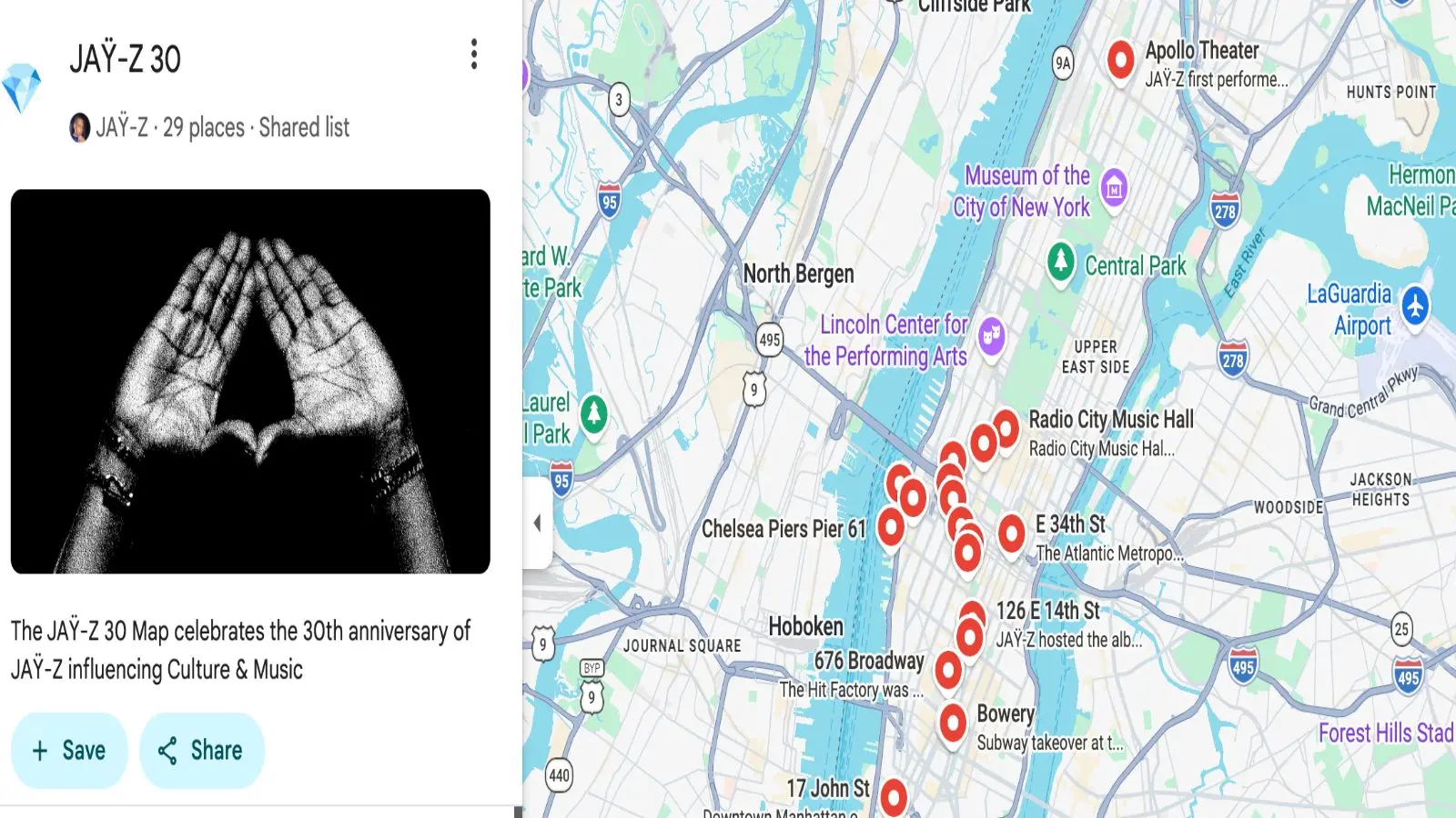 A vibrant Google Maps still showing Jay-Z 30