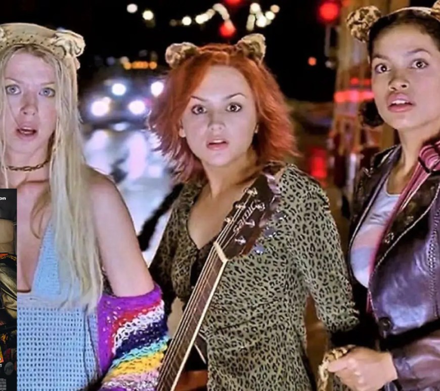 A vibrant, hyper-saturated film still of the rock trio from the 2001 movie Josie and the Pussycats