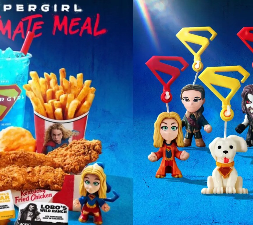 A promotional layout shot showcasing the KFC Supergirl Ultimate Meal box next to a transparent plastic cup filled with the electric-blue boba Kryptonian Kooler beverage.