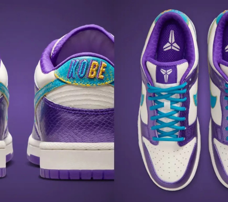 A crisp, close-up studio shot of the Nike Kobe Dunk Low Protro "Charlotte to LA" showcasing its premium leather design and custom heel branding.
